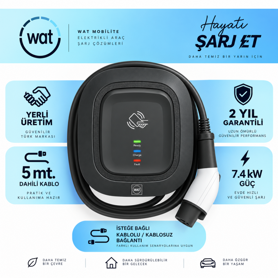 Wat Mobilite AW 7,4 kW RFID Elektrikli Araç Şarj İstasyonu 5 mt Kablo ile Kullanıma Uygun