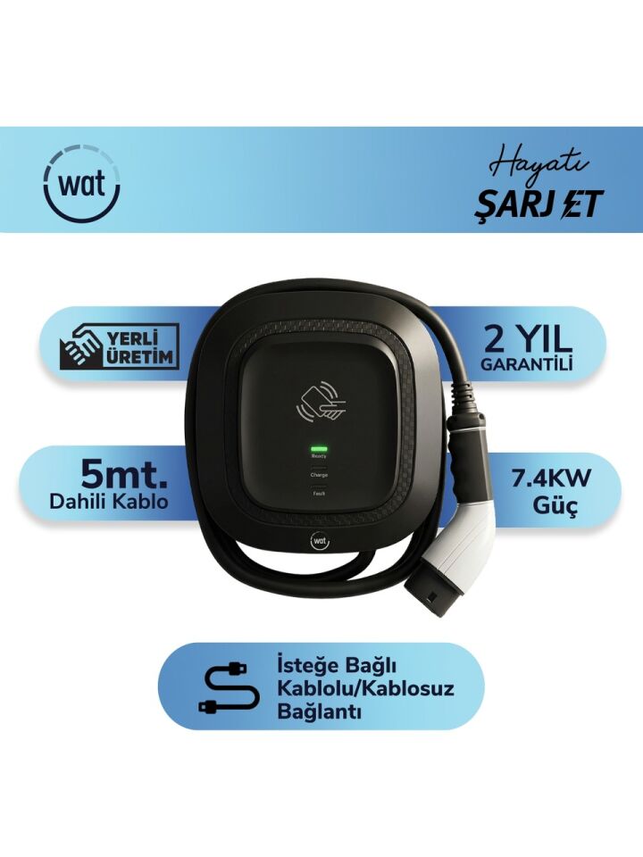 Wat Mobilite AW 7,4 kW RFID Elektrikli Araç Şarj İstasyonu 5 mt Kablo ile Kullanıma Uygun