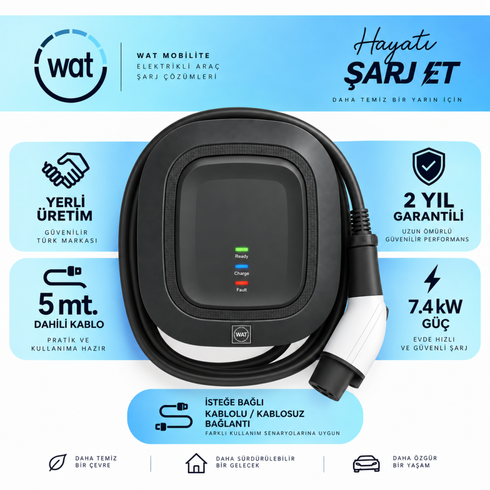 Wat Mobilite AW 7,4 kW Basic Elektrikli Araç Şarj İstasyonu 5 m Kablo Uzunluğu ile Hızlı Şarj