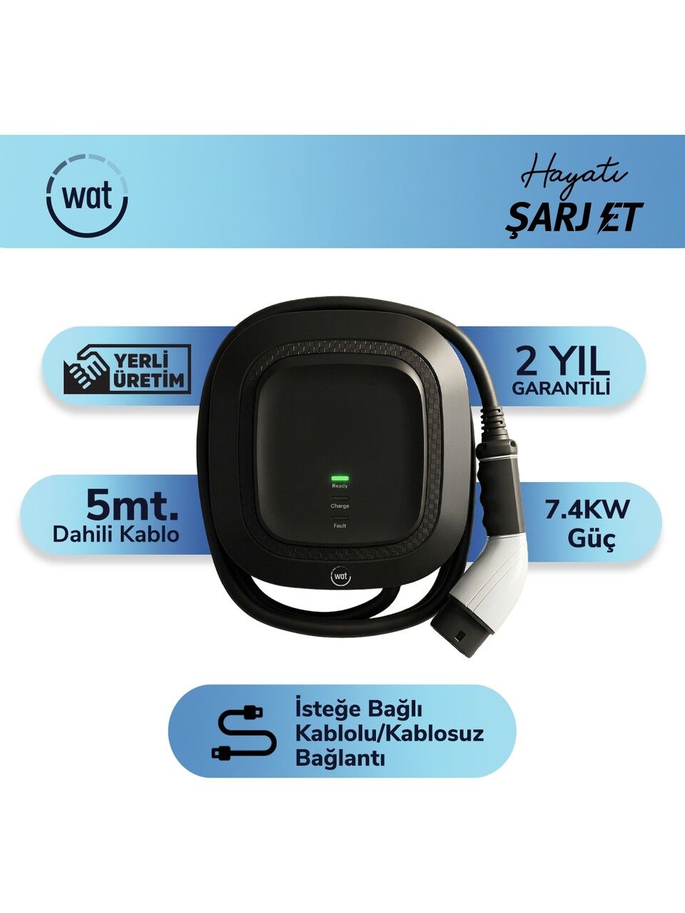 Wat Mobilite AW 7,4 kW Basic Elektrikli Araç Şarj İstasyonu 5 m Kablo Uzunluğu ile Hızlı Şarj