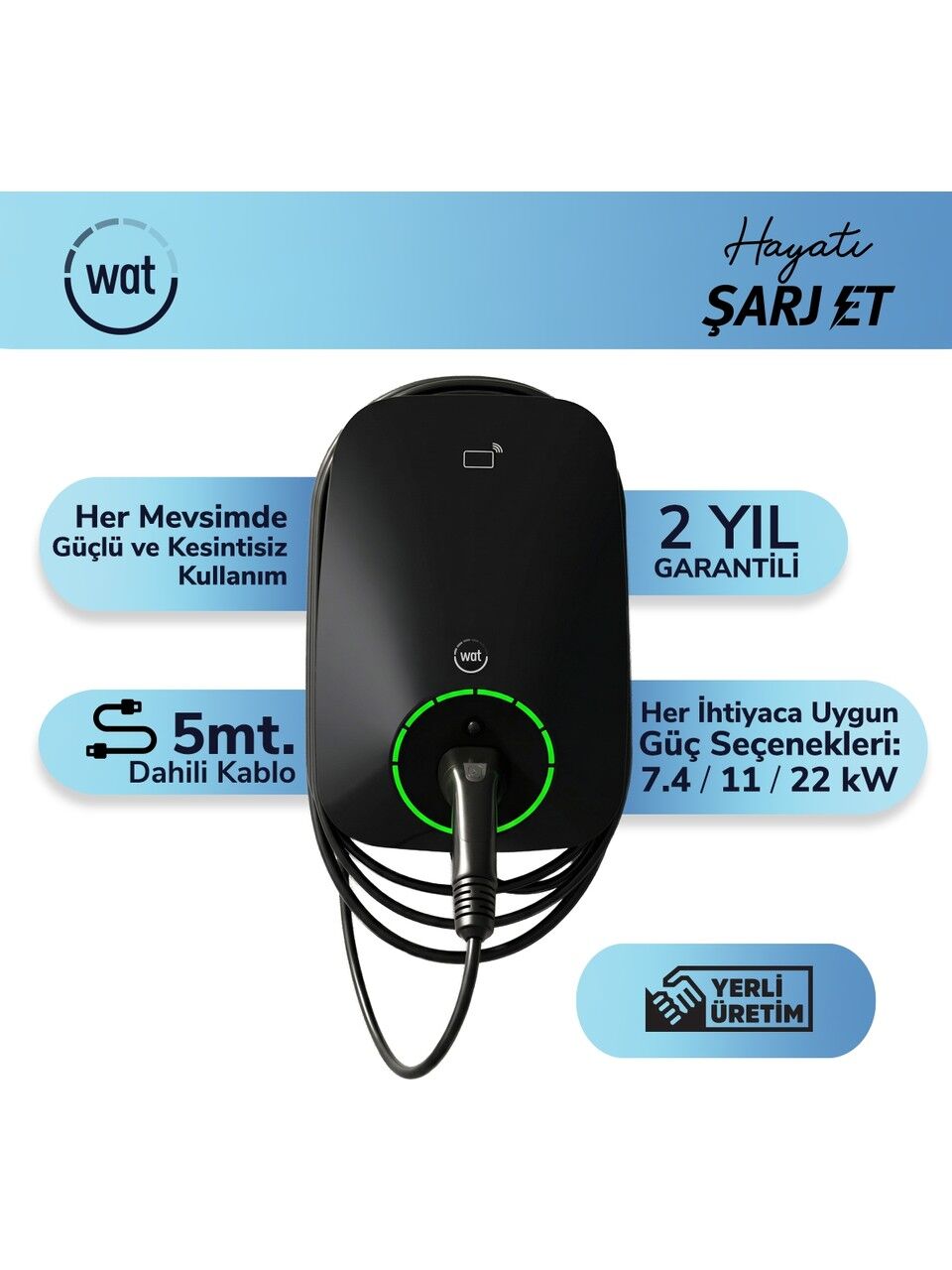 Wat Mobilite Home 22KW Güçlü Ev Şarj Cihazı 5mt. Dahili Kablo IP55 Koruma